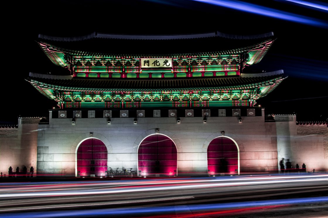 Gwanghwamun Gate at night in central Seoul — Korea is extraordinarily safe for daily life, with a homicide rate one-tenth that of the US
